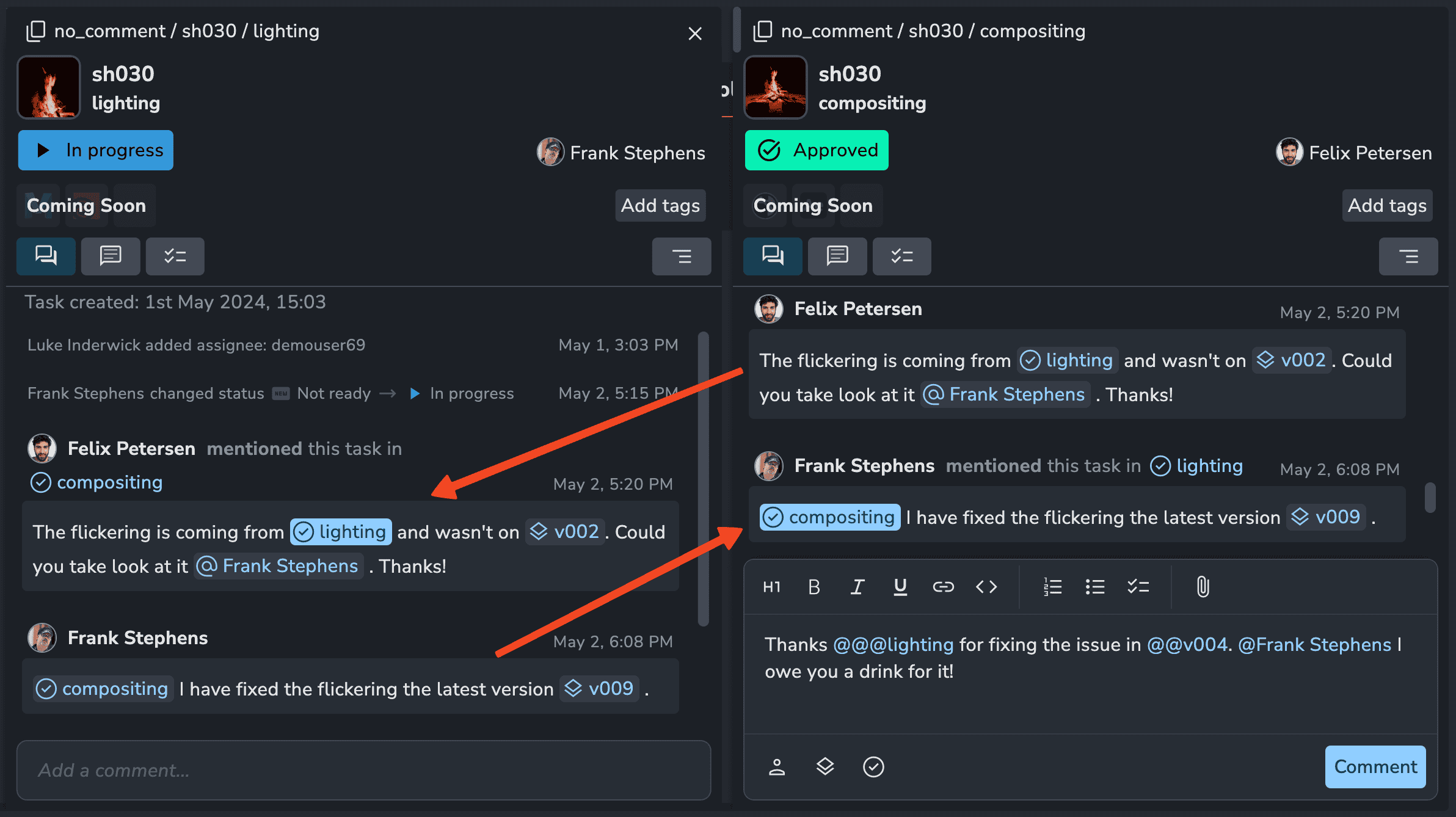 Activity feed mentioning other tasks