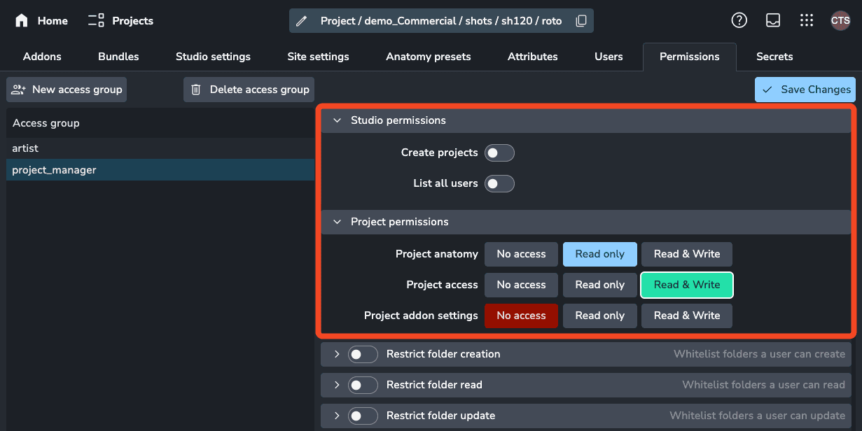 Creating an access group with project management permissions