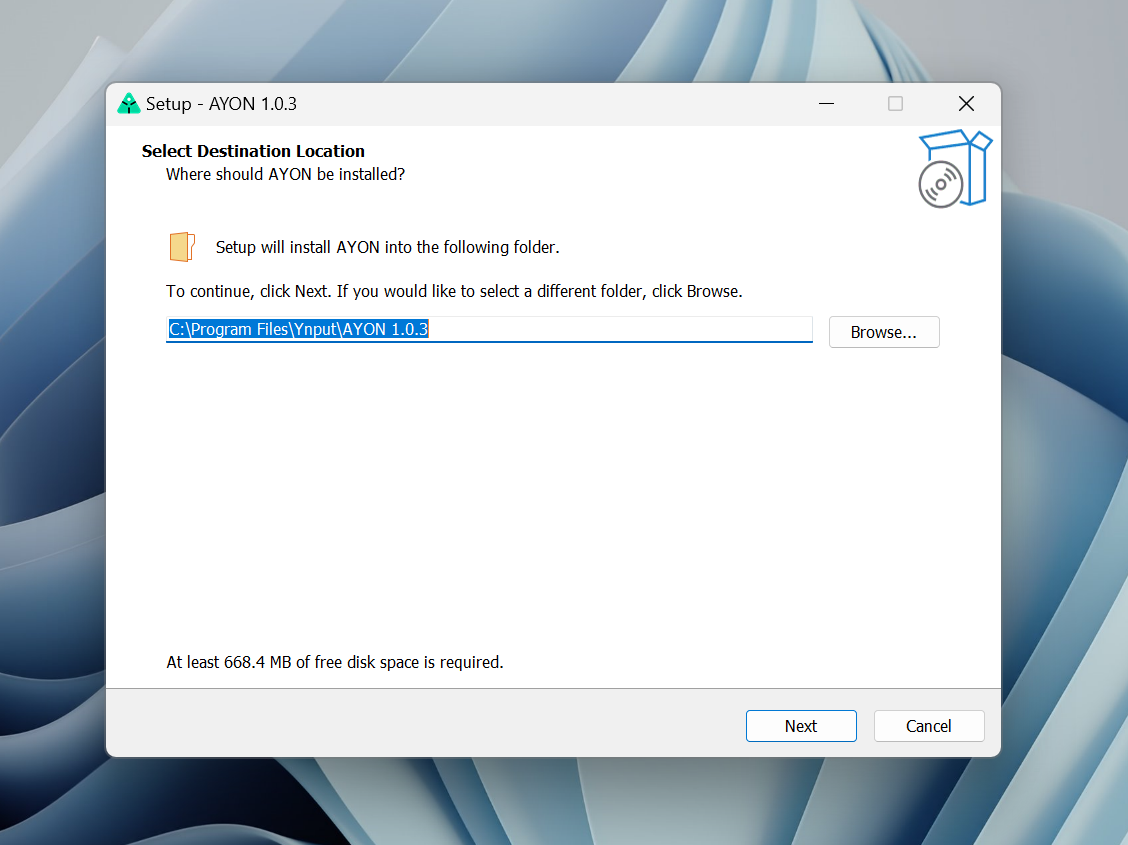 A screenshot of a Windows installation dialog where the person can choose where to install AYON