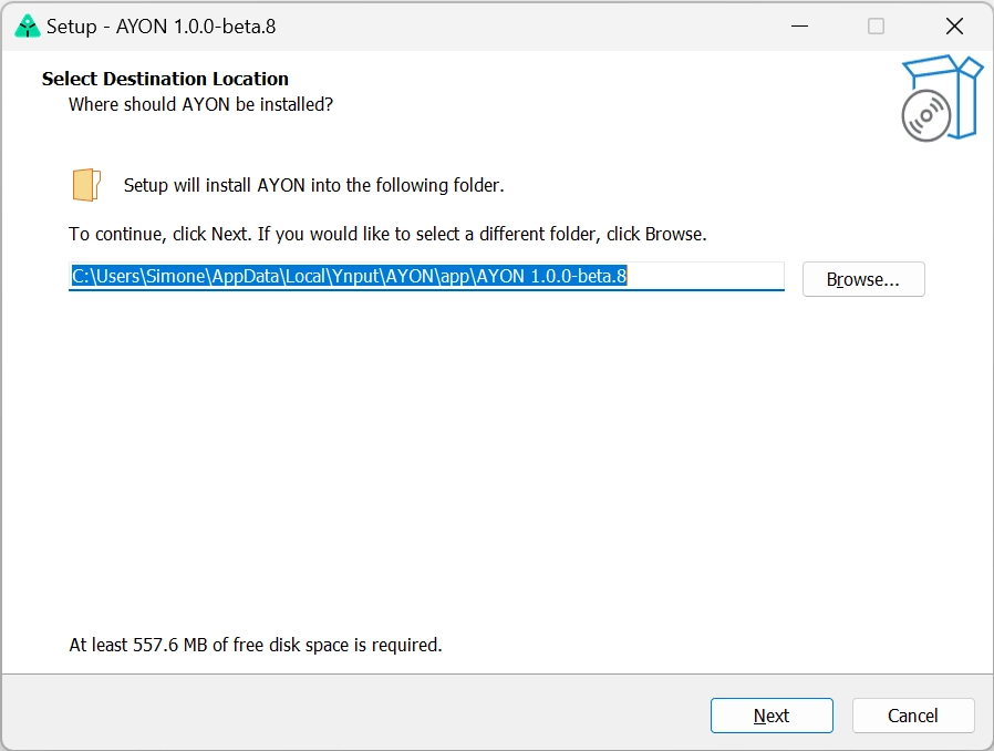 A screenshot of a Windows installation dialog where the person can choose where to install AYON