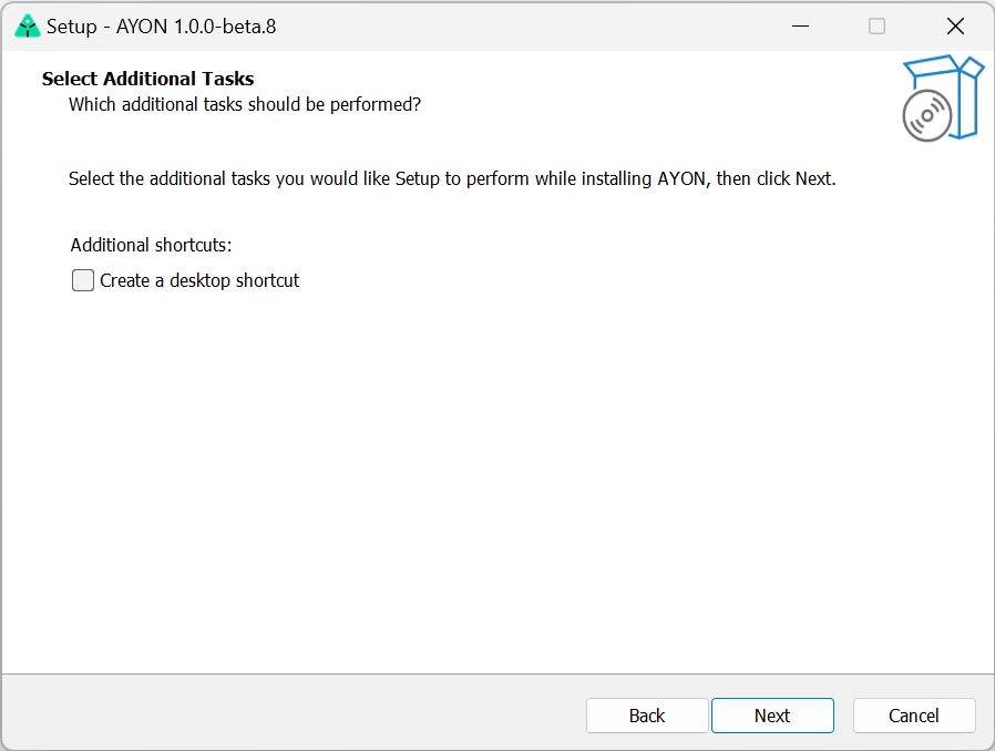 A screenshot of a Windows installation dialog where the person can choose to install AYON add the AYON shortcut to their desktop