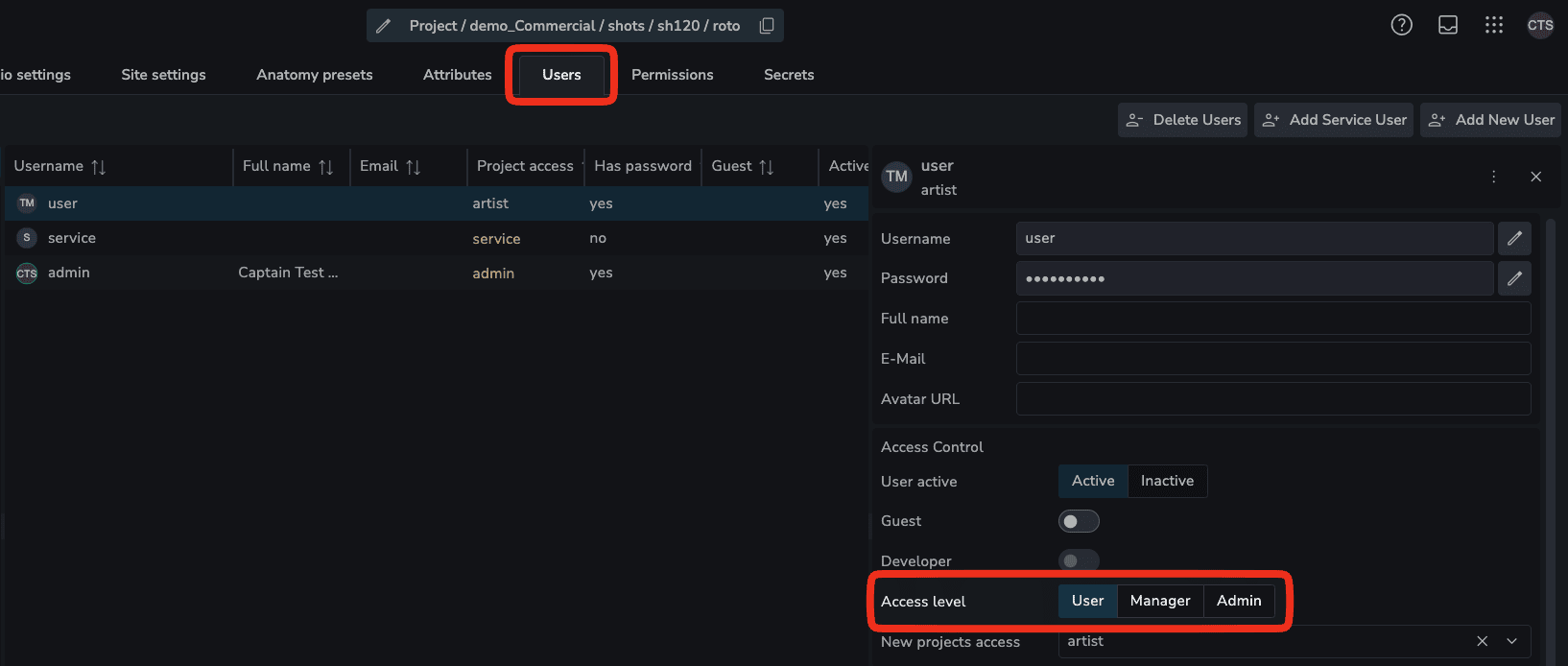 Setting user access level, admin, manager or user